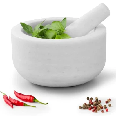 Image of Navaris Mortar and Pestle Set White Marble Bowl Stone Grinder for Spices Garlic Nuts Herb Pesto Large 18cm (7.1&quot;) Diameter Hand Grinding Kitchen