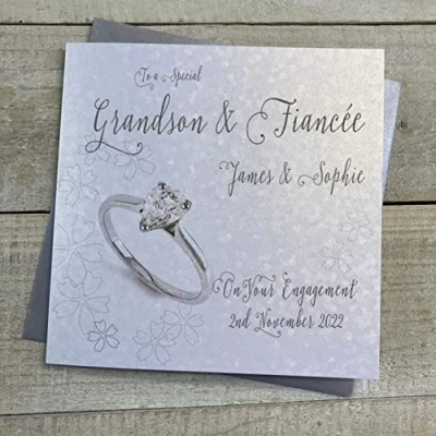 Image of WHITE COTTON CARDS PERSONALISED ENGAGEMENT CARD. ANY RELATION. GRANDSON &amp; FIANCÉE. TEARDROP CUT RING DESIGN. Handmade (P22 98 GS XP22 GS)