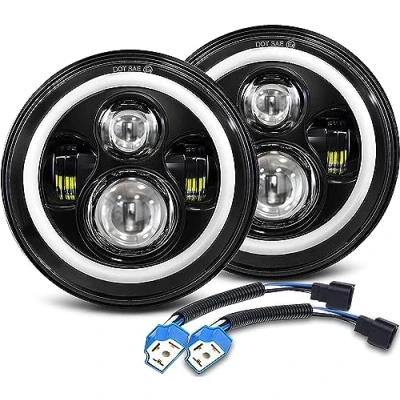 Image of 7 Inch LED Headlight with Amber Halo Turn Signal White DRL High/Low Beam Angle Eyes Compatible Wrangler JK LJ CJ TJ (H4 H13 Adapter Included)