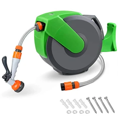 Image of Gardebruk Wall Mounted Retractable 20 Metre Garden Hose Reel 2 Connection Multifunction 7 Way Spray Head Automatic Rewind Water Re Positionable Brake 180 Swivel