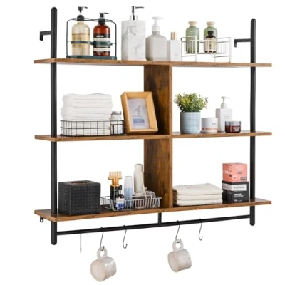Image of VEVOR Industrial Pipe Shelf, 3 Tier 41.5x9.84in, Wall Mount Floating Rustic Wood Shelves Bracket Display Bookshelf, Storage Rack Sundries Holder for Kitchen Bedroom Bathroom Living Room, Black