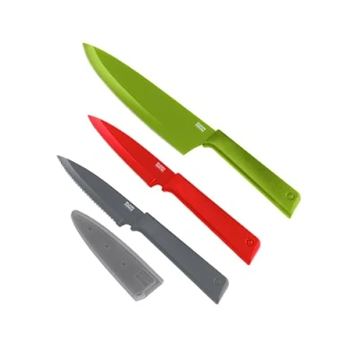Image of Kuhn Rikon Colori+ Culinary 3 Pc Kitchen Knife Set (1x Chef Knife, 2x Paring Knife) Knives Set. Stainless Steel Blades. Sharp Year Accessories Guarantee