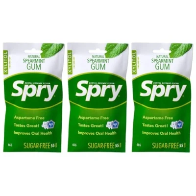 Image of Spry On The Go Fresh Natural Xylitol Chewing Gum Dental Defense System Aspartame Free, Sugar Non GMO (Spearmint, 55 Count Pack of 3)