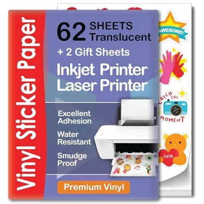 Image of Premium Semi Clear Printable Vinyl Sticker Paper 62 Sheets A4 Transparent for Laser &amp; Inkjet Waterproof That Dries Quickly Compatible with Cricut