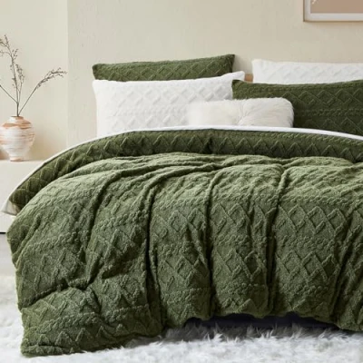 Image of Lanqinglv Plush Bed Linen 135 x 200 cm Green Fleece Flannel Fluffy Winter Sherpa Warm Tufted Cashmere Touch Cuddly Duvet Cover with Zip and 1 Pillowcase 80