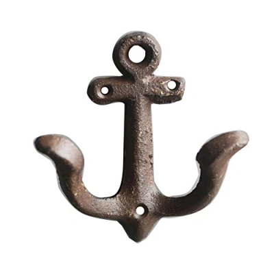 Image of KiaoTime Rusty Brown Vintage Rustic Cast Iron Nautical Anchor Design Wall Hooks Coat Rack, Decorative Mounted Antique Shabby Chic Metal Home Bathroom Towel Hanger