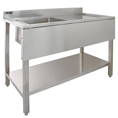 Image of KuKoo Commercial Sink Catering Kitchen Stainless Steel Right Hand Drainer 1 Bowl 120cm Wide Lower Shelf Adjustable Feet Free Strainer Plug Microfibre Cloths
