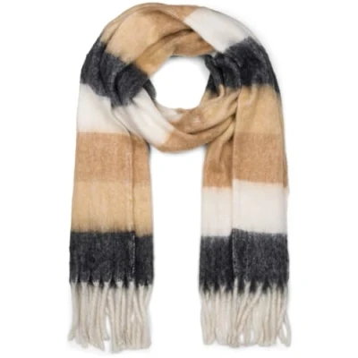 Image of styleBREAKER Women&#039;s woven knitted scarf with wide colourful stripes and thick fringes Warm winter scarf, multicoloured 01017160, Colour:Black Brown White