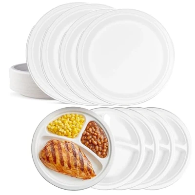 Image of A406 10&quot; Disposable Plates Biodegradable Bagasse Plates, 3 Compartment Eco Friendly Compostable Party Paper 9&quot; (100, 10&quot;)
