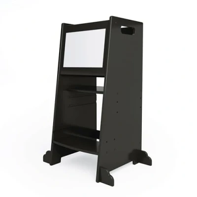 Image of Allis Baby 3 in 1 Natural Wooden Learning Tower, Toddler Steps, Montessori Kitchen Helper for Kids Step Stool with Adjustable Shelves (Black)
