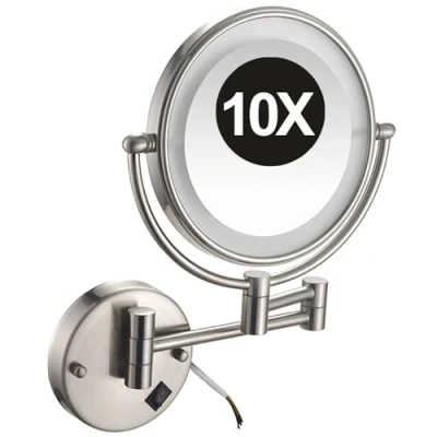 Image of YSOLDA 8 Inch Hardwired Wall Mounted Lighted Makeup Mirror, Dual Sided LED Vanity 360 Adjustable 10X Magnifying Cosmetic Brass Shaving Mirror for Bathroom Hotel,Nickel,push button