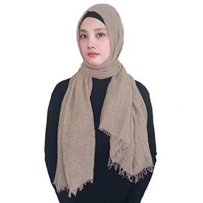 Image of Lina &amp; Lily Plain Colour Crepe Crinkled Scarf Hijab with Frayed Edges (Light Khaki)