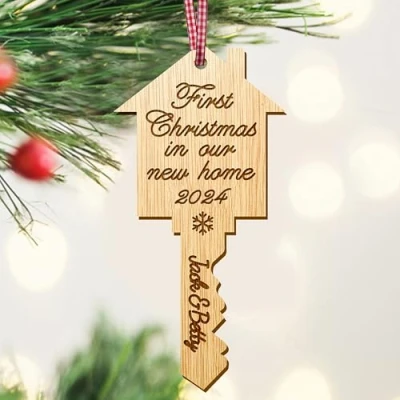 Image of Personalised 1st Christmas in our new Home Bauble First Xmas decoration for house housewarming gift Wooden Tree Ornament Hand Finished UK(Key)