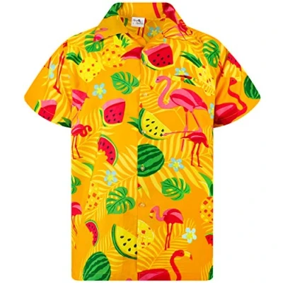 Image of King Kameha Hawaiian Shirt Men Fruit Designs Regular Short Sleeve, Flamingo Melon, Yellow, 5XL