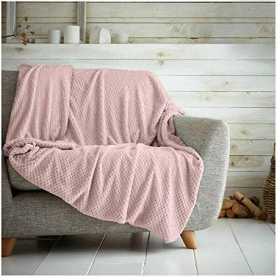 Image of Waffle Honeycomb Throw Blanket Soft Warm Over Sofa Bed Travel Bedspread (Blush Pink, Double 150 x 200cm)