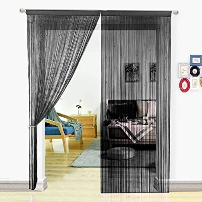 Image of HSYLYM String Curtains Spaghetti Door Beads Light Weight Colourful Dense Bead for Doors,Black,90x245cm