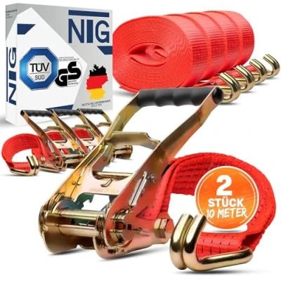 Image of Pack of 2 Tie Down Straps Each Length 10 m Load Capacity up to 5000 kg TÜV/GS Tested Two Piece Width 50 mm According DIN EN 12195 Truck Securing
