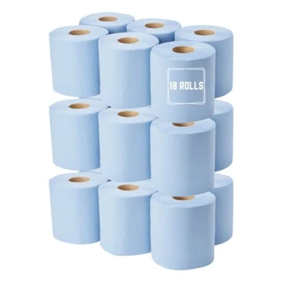 Image of Strike Blue Centre Feed Rolls Embossed 2ply Wiper Paper Towel 50M p/Rolls 6 Per Pack Family Disposable Kitchen Cleaning Household (18 Rolls)