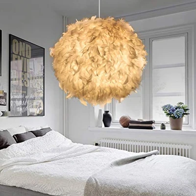 Image of Feather Pendant Light Shade for Ceilings Fluffy Lamp Romantic Droplight Lampshade with E27 Bulb Modern Ceiling Living Room Bedroom Porch Bar Restaurant Hotel,White (30CM)