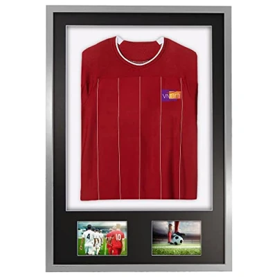 Image of Vivarti DIY Adult 3D Mounted + Double Aperture Sports Shirt Display Frame for Football Shirt, Rugby Band T Shadow Box 61 x 91.5cm Silver Frame, Black Mount, White Backing Card