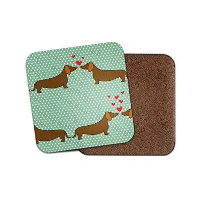 Image of 1 x Cute Dachshund Dogs Coaster Sausage Dog Love Heart Puppy Kiss Fun #13131