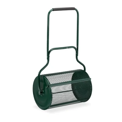 Image of Relaxdays Compost Spreader for Lawns, Mesh Basket 75 L, Garden Peat Roller with Handle, HWD: 118x68x40 cm, Green, Foam, Steel