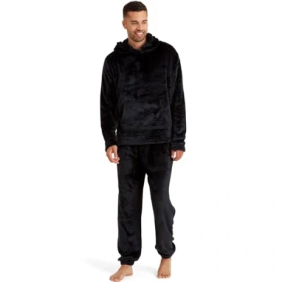 Image of Snuggaroo Mens Soft Fleece Hooded Pyjama Loungewear Set Black XL