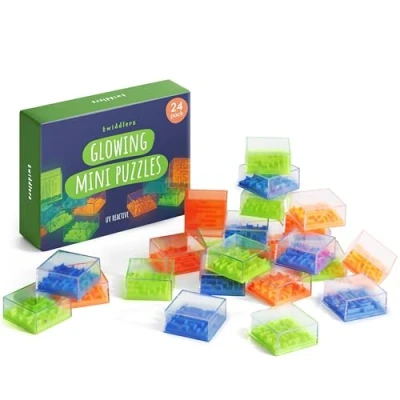Image of THE TWIDDLERS 24 Mini Maze Puzzle Cubes, UV Reactive Games, Kids Brain Teaser Challenge, Perfect Science Party Bag Favours, Cracker Stocking Fillers, Cool Classroom Rewards for 6 to 10 Year Olds