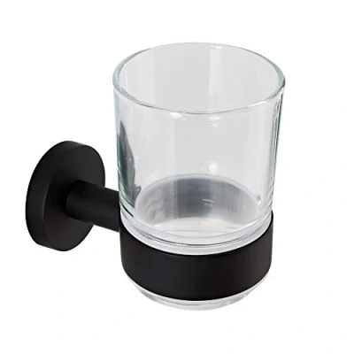 Image of Milano Nero Modern Wall Mounted Bathroom Glass Toothbrush Tumbler Black Holder