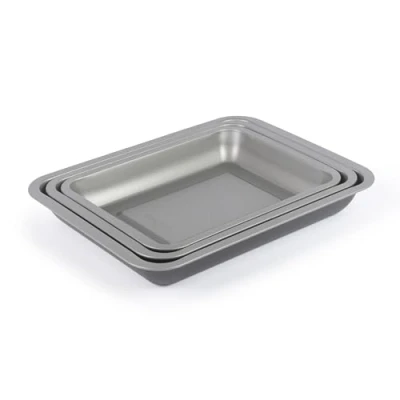 Image of Salter Essentials 3 Piece Roasting Tray Set Non Stick Coating, 31/35/39 cm Stackable Roasters, Dishwasher Safe, Easy to Clean, Made in The UK, Durable Oven Trays, Lightweight, PFOA Free, BW13675