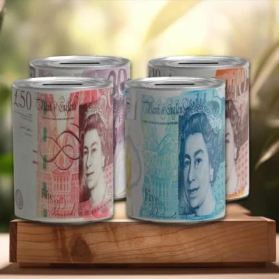 Image of JANNGI 4Pcs Money Tin BOX Sterling Bank Note Piggy Bank, Coin Tin, Cash Savings Can, Birthday Money, Holiday &amp; Christmas Fund (Money 4X Random Medium)