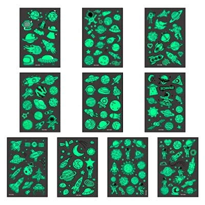 Image of Yasmous 10 Sheets Luminous Temporary Tattoos Stickers, Children Fake Space Cartoon for Kids, Glow in the Dark Tattoo Kids Sticker, Cosmos/Space/Rocket/UFO Party Gift Bag Fillers