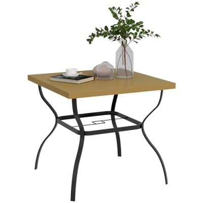Image of Outsunny Dia. 80cm Square Garden Dining Table with Umbrella Hole, Outdoor Marble Effect Top for 4 People, Black/Brown