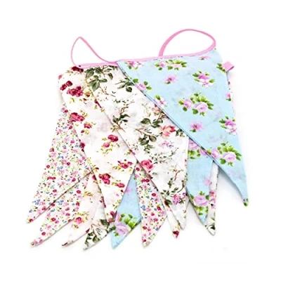 Image of 3m Ditzy Floral Fabric Bunting Double Sided Flags 12 Pennant Cotton Garland Banner Party Shabby Chic English Country Garden Vintage Style Decoration