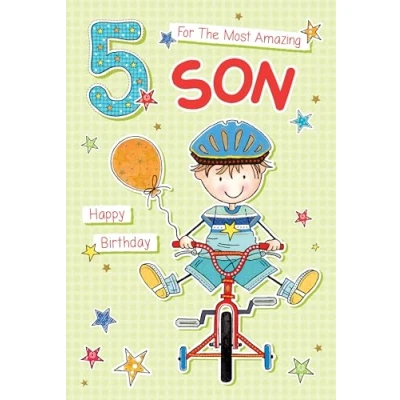 Image of Son 5th Birthday Card Age 5 Amazing Special Finish Cartoon Cycling Design Made in the UK Eco Friendly
