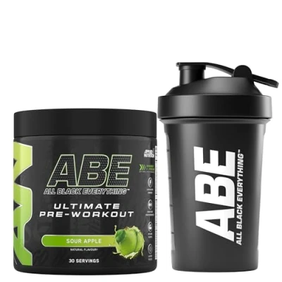 Image of Applied Nutrition Bundle ABE Pre Workout 375g + Black Shaker 400ml All Everything Powder, Energy Drink, Physical Performance, Creatine, Beta Alanine, Caffeine (Sour Apple)