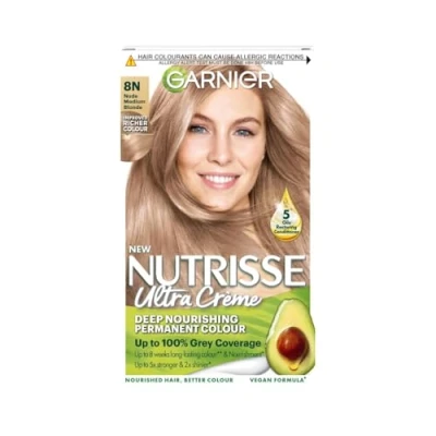 Image of Garnier Nutrisse Permanent Hair Dye, Natural looking, colour result, For All Types, 8N Nude Medium Blonde