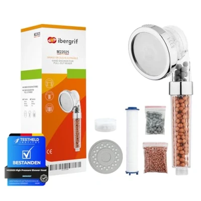 Image of Ibergrif M22025 Shower Head with Beads Filter, 3 Modes Universal Hard Water Softener Extra Replaceable Accessories