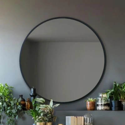 Image of MirrorOutlet The Fenestra Black edged Modern Round Circular Wall Mirror 39&quot; X (100CM 100CM) Silver Glass with Metal Frame