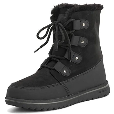 Image of Polar Boot Womens Quilted Outdoor Cuff Snow Duck Waterproof Lace Up Faux Fur Boots , Black Suede, 5 UK