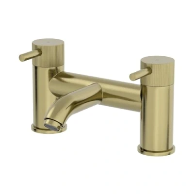 Image of Architeckt® Fluted Bathroom Bath Filler Mixer Tap Deck Mounted Round Twin Lever Handle for Bathtub Modern, Brushed Brass