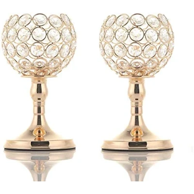Image of 2 Pack Crystal Tea Light Candle Holders Candlesticks for Coffee Table Decorative Home Accessories Weddings and Parties (Gold, 20CM)