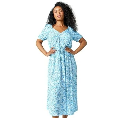 Image of Roman Petite Ditsy Floral Stretch Midi Dress for Women UK Ladies Everyday Holiday Spring Summer V Neckline Comfy Soft Evening Vacation Work Party Blue Size 14