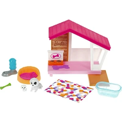 Image of Barbie Dog Kennel Playset with Dogs and Accessories Includes 2 Figures, Kennel, Bed, Blanket, Bath, Water Bowl, Chew Toy
