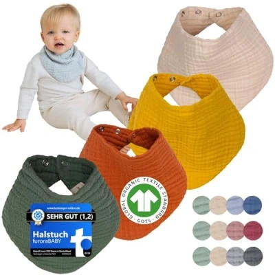 Image of Muslin Neckerchief Baby Girls &amp; Boys, Organic Cotton GOTS + Oeco Tex (4 Pieces) Triangular Scarf Winter Summer Bib Newborn Childern 4 Years Soft Absorbent Drool Bibs, Autumn Day
