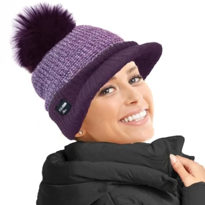 Image of RockJock Ladies Warm Fleece Lined Knitted Peaked Beanie Baseball Cap with Detachable Faux Fur Pompom wear or Without Purple