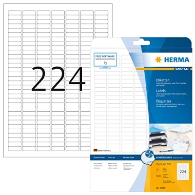 Image of HERMA Self Adhesive Multipurpose Inkjet Labels, 224 Labels per A4 Sheet, 25 Sheets, 25.4 x 8.5 mm, 5600 Blank Universal Stickers, Sticky for Printer, White