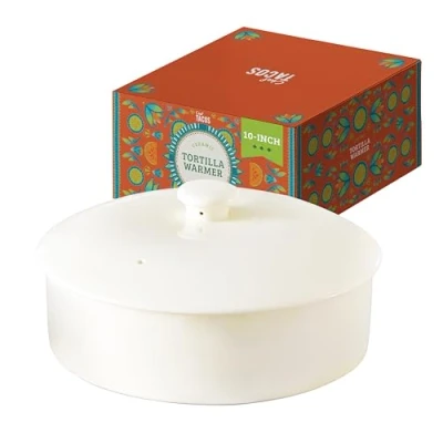 Image of Chef Tacos Ceramic Tortilla Warmer, Microwavable, 25.4 cm, Cream, Holder Container, Pancake Keeper, Best for Storage Tortilleros, with Lid