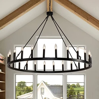 Image of 48in Modern Farmhouse Wagon Wheel Chandelier, 24 Lights Round Chandelier Light Fixture with Adjustable Chain, Black Rustic for Foyer Entryway Living Room