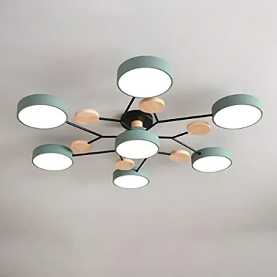 Image of Nordic LED Ceiling Lamp Modern Acrylic Light Creative Semi Flush Sputnik Fixture 7 Lights with Wood Decoration for Living Room Dining Bedroom, Green